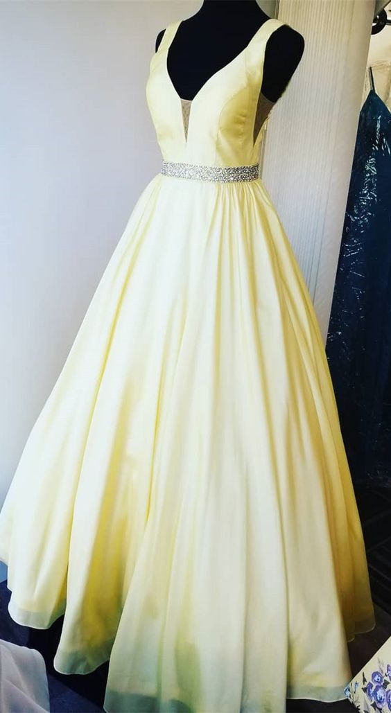 Elegant Yellow Long Prom Dress With Beading Sash, Prom Dress, Yellow Graduation Dress M534