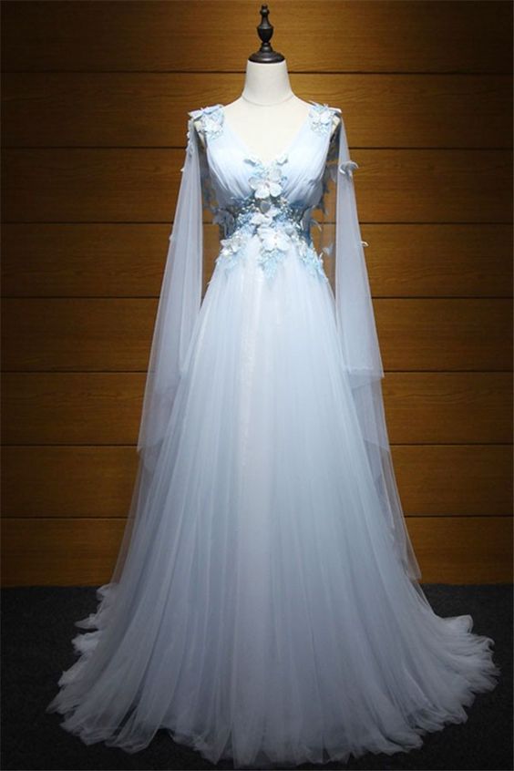 Fairy Princess V Neck Low Back Light Blue Tulle Butterfly Prom Dress M545