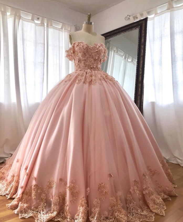 Pink Embroidered Lace Quinceanera Dresses Ball Gowns M553