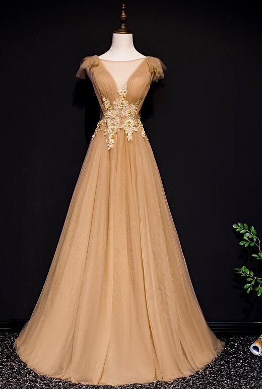 Gold Tulle Long Party Gown With Applique, Elegant Formal Dress M559