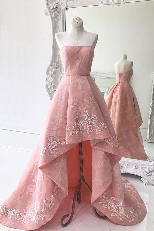 Charming Modest Pink A Line High Low Strapless Zipper Back Prom Dresses Party Dress M577