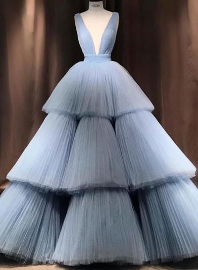 Blue Tulle V Neck Prom Dresses,layered Long Formal Prom Dress,charming Sleeveless Ball Gown M590