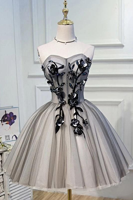 Elegant A Line Strapless Tulle Homecoming Dresses With Lace Up Black Short Prom Dresses M614