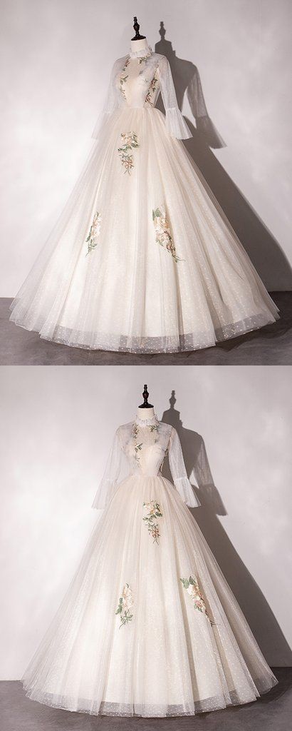 White Dot Tulle O Neck Long Dress, Long Sleeve A Line Formal Prom Dress M618