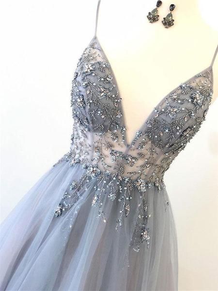 Rhinestones Gray Tulle V Neck Backless Prom Dress