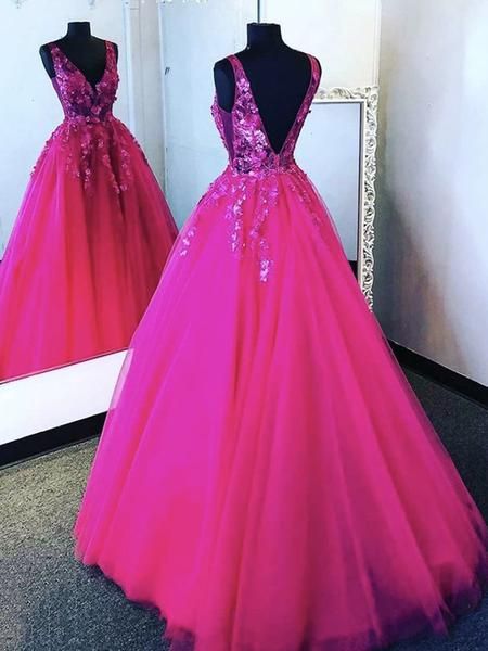 V Neck Pink Tulle Lace Prom Dresses, Backless Pink Floral Formal Evening Dresses M625