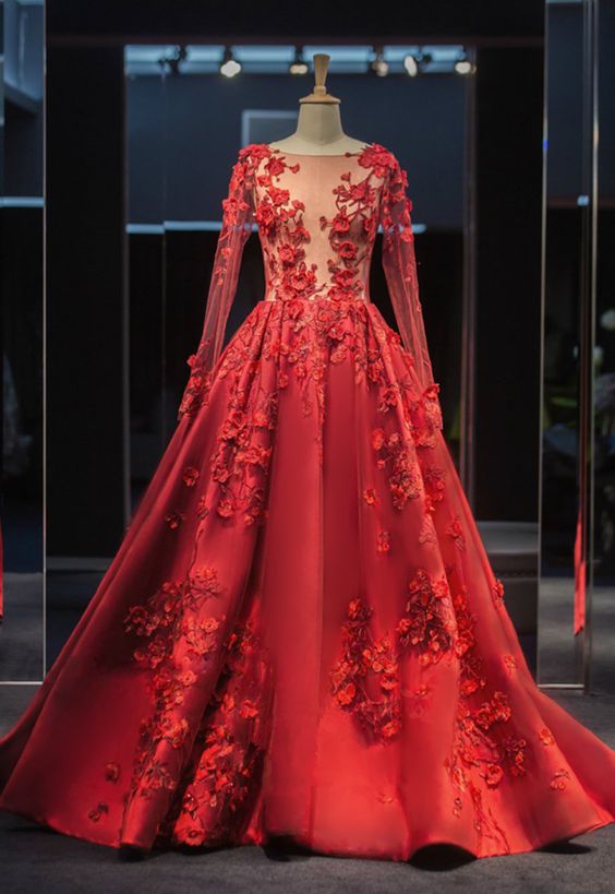 Long Sleeve Ball Gowns Robe De Bal Longue Illusion Hand Made Tulle Back Tail Prom Dresses M627