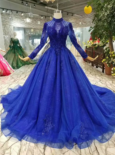 Royal Blue Tulle High Neck Long Sleeve Backless Wedding Dress With Beading M634