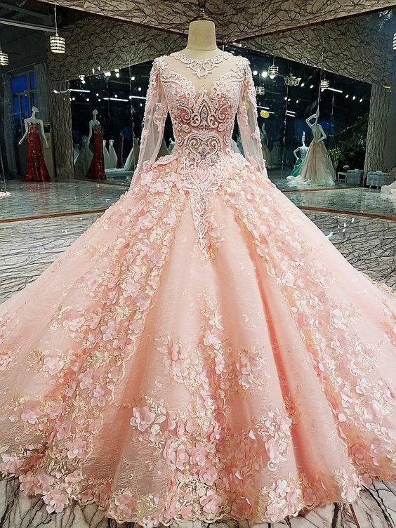 Long Sleeve Appliques Tulle Quinceanera Dresses With Flower, Elegant Beaded Ball Gown Prom Dresses, Formal Evening Dress M655