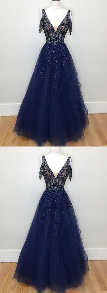 Black and Blue Tulle with Lace Applique V-neckline Party Dress, Black and Bue Long Prom Dress