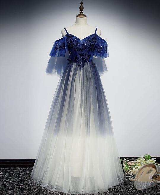 Cute Blue Tulle Lace Long Prom Dress Blue Tulle Formal Dress M702
