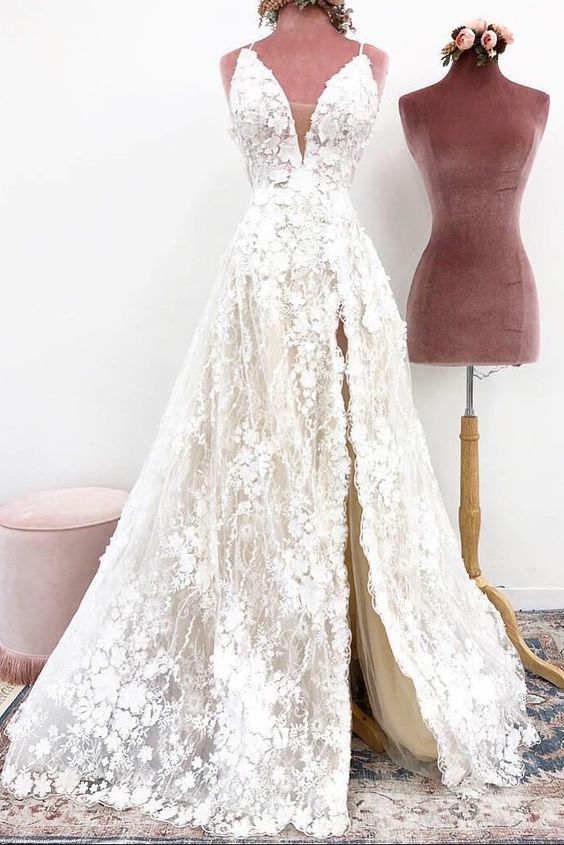 Unique Spaghetti Straps Lace Appliques V Neck Wedding Dresses, Long Wedding Gowns M715