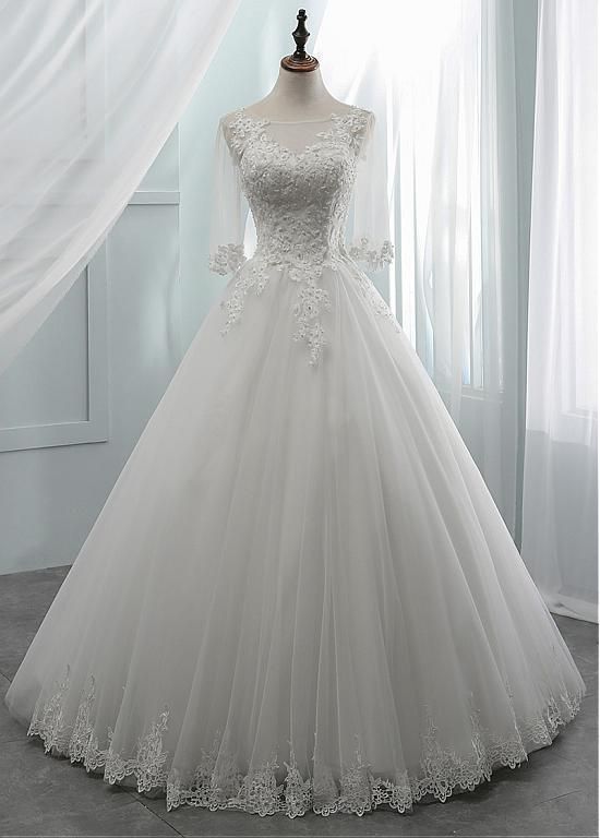 Designer Scoop Tulle Wedding Dress With Lace Appliques and Open Back