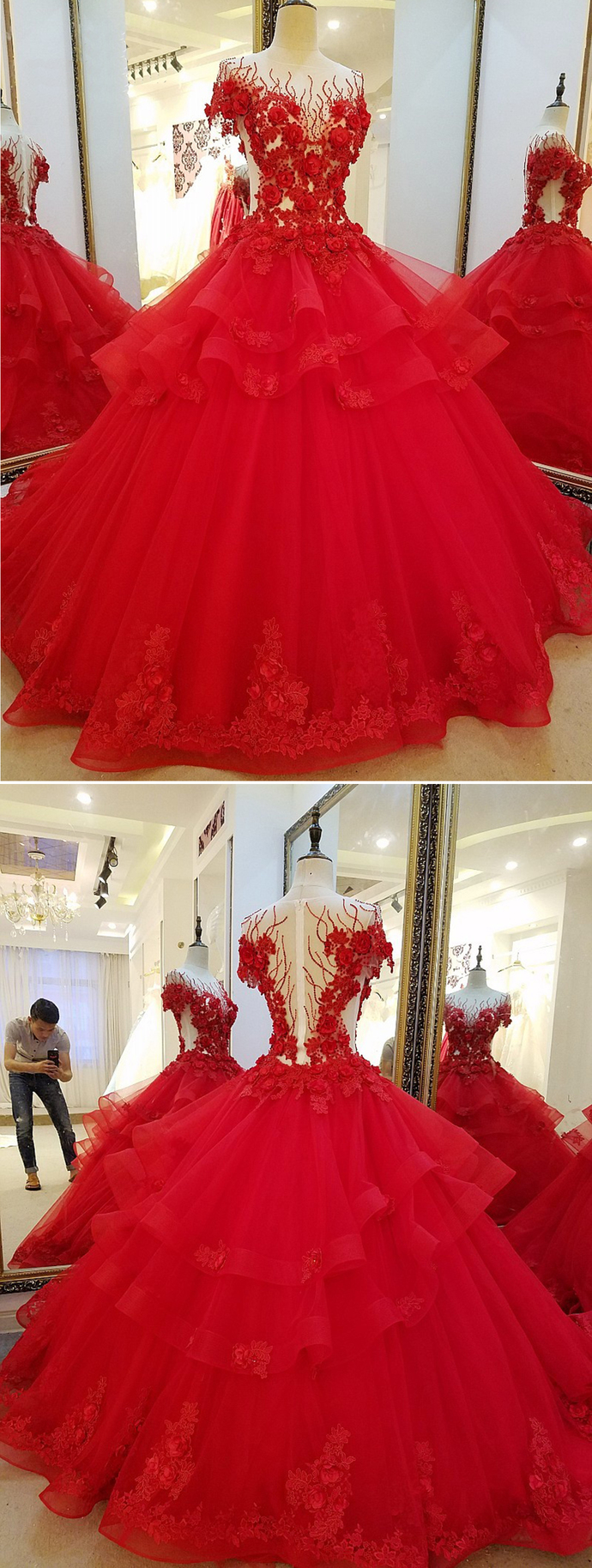Red Tulle See Through 3d Lace Flower Beaded Multi-layer Ball Gown, Formal Prom Dress With Sleeve M727