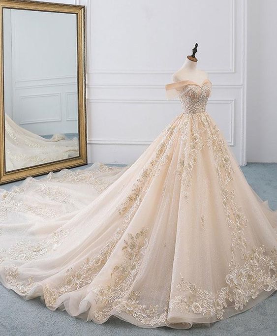 Champagne Off Shoulder Tulle Lace Long Wedding Dress, Wedding Gown M738