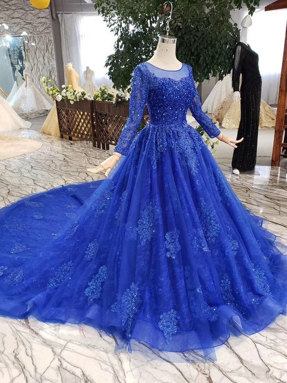 Blue Evening Dresses With Train O-neck Long Sleeves A-line Ladies Party Dress M749