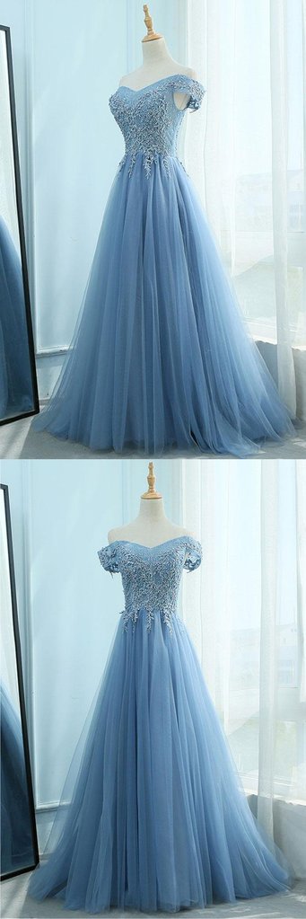 Light Blue Tulle with White Lace Applique Floor Length Party Dress, Elegant Senior Prom Dress