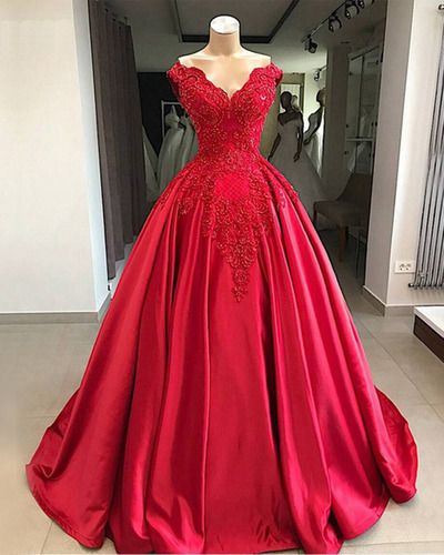 Red Prom Dress,satin Prom Dress,appliques Prom Dresses,v-neck Prom Dress M759