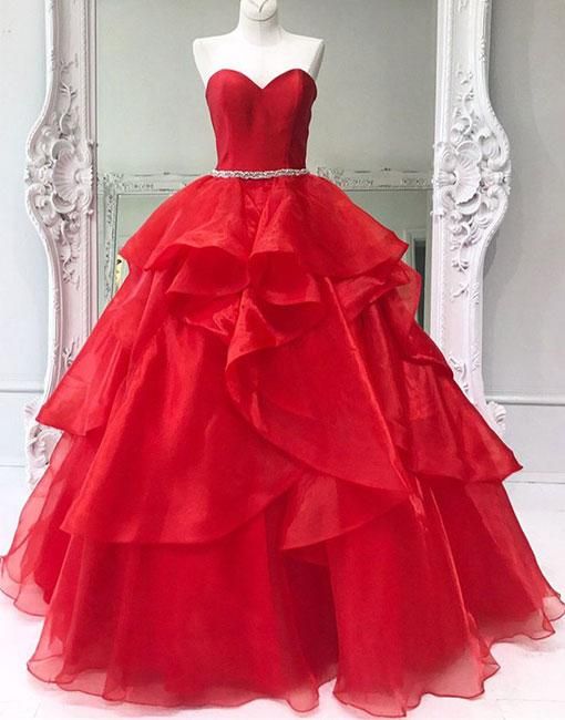 Red Sweetheart Tulle Ball Gowns,red Prom Dress,ruffles Formal Dress M765