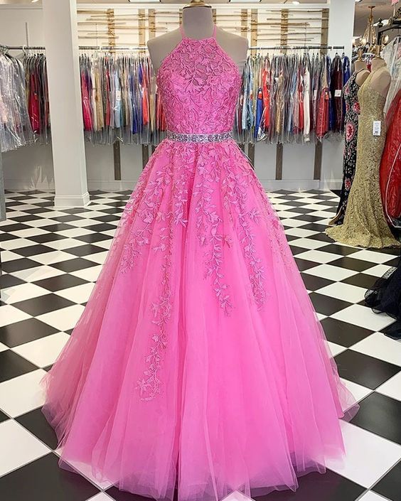 Halter Pink Lace Applique Tulle Prom Dress With Beading Belt M777