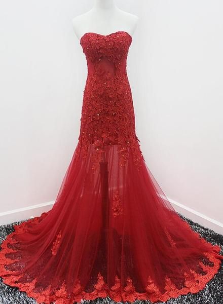 Beautiful Mermaid Tulle Sweetheart Evening Gown, Wine Red Lace Applique ...