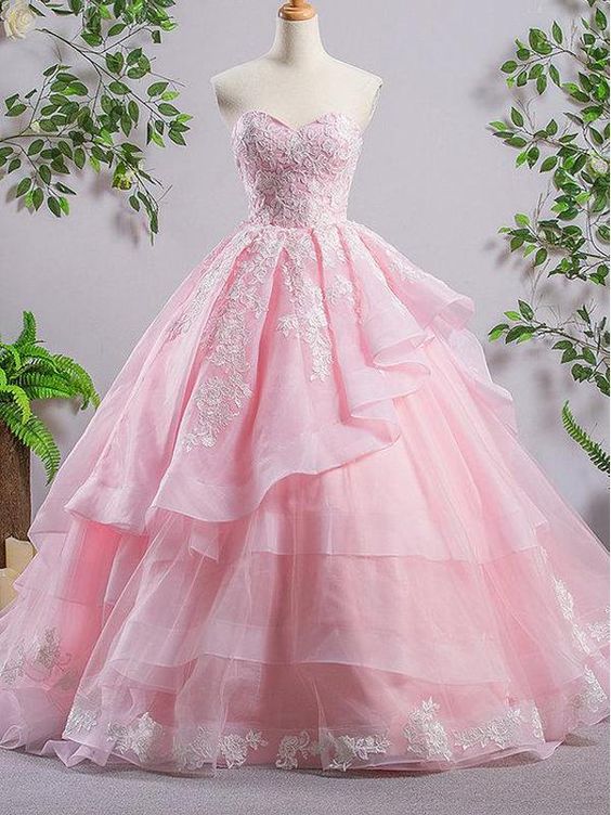 Sweetheart Pink A-line Lace Evening Prom Dresses, Sweet 16 Dresses, Quinceanera Dresses M841