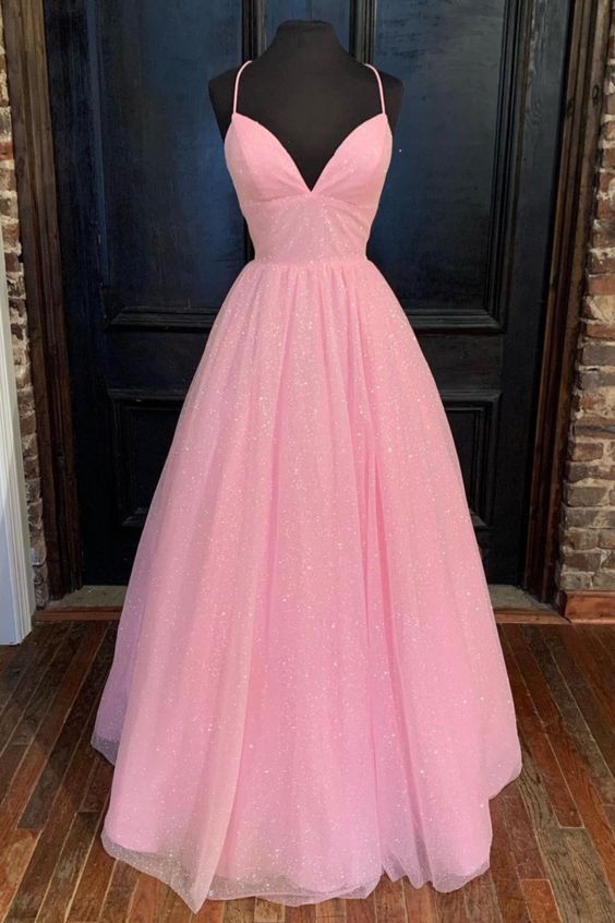 Empire Pink Shiny Tulle Long Prom Dress 2021 M874