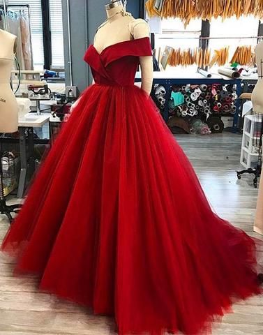 Prom Dresses, Fashion Prom Dresses,red Tulle V Neck Long Off Shoulder Senior Prom Dress, Long Evening Dresses M881