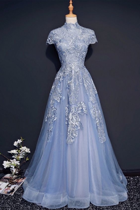 Blue Tulle High Collar Cap Sleeves Long Lace Evening Dress M930 on Luulla