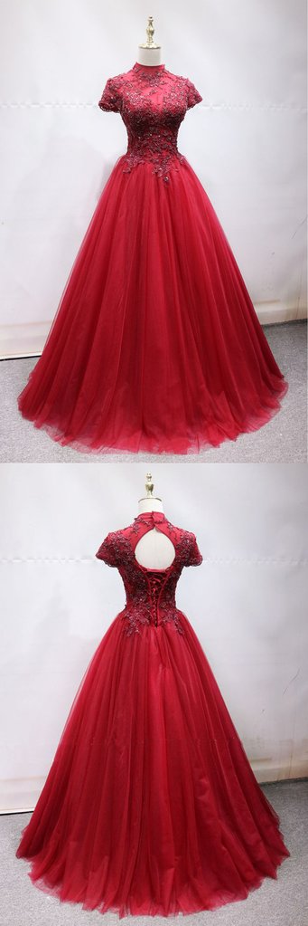 Red Tulle Beaded Short Sleeve O Neck Long Beaded Senior Prom Dress, Formal Dress M931