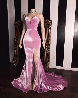 Pink Velvet Sweetheart Prom Dresses | Elegant Side Slit Mermaid Long Evening Gowns M950