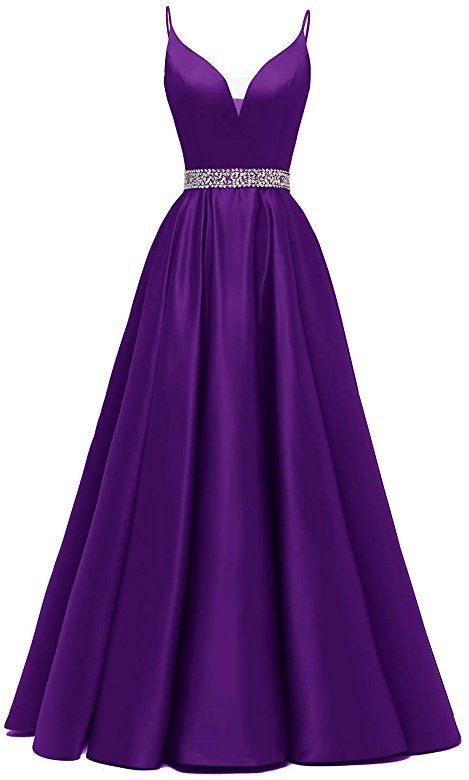 Long Beaded Prom Dress Satin V-Neck Spaghetti Formal Evening Gowns m965