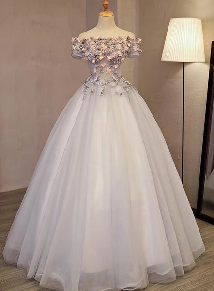 Gorgeous Light Grey Off The Sholder Flowers Formal Gown, Sweet 16 Dresses M981
