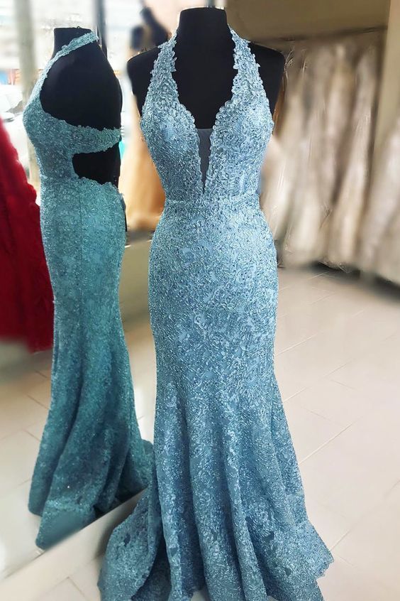 Elegant Mermaid Halter Ocean Blue Long Prom Dress With Beads/appliques M1001