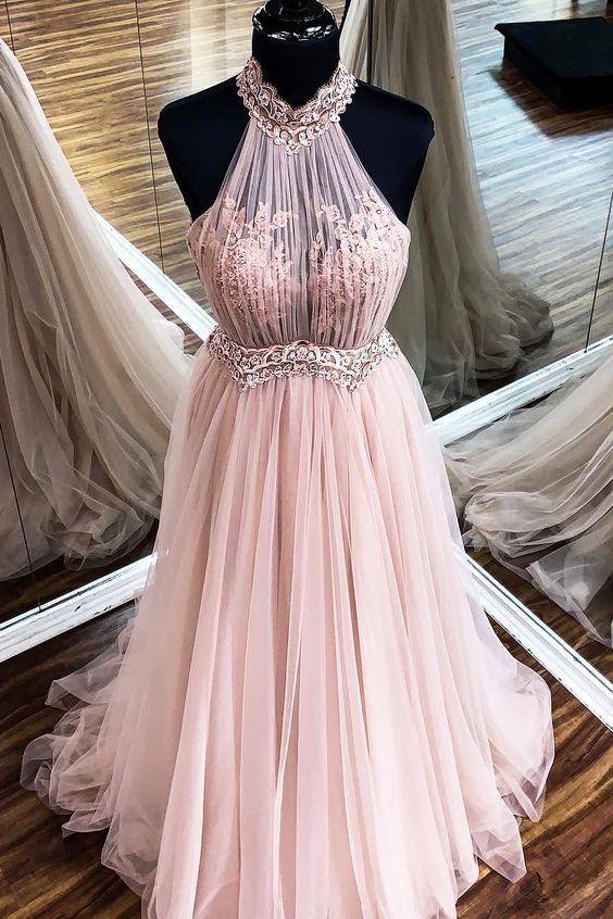 A-line Halter Long Blush Pink Prom Dress With Beaded Sash M1003