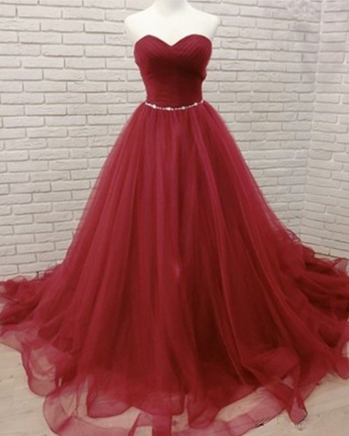 Sweetheart Neck Burgundy Tulle Long Beaded Waistline Formal Dress, Evening Dress M1005