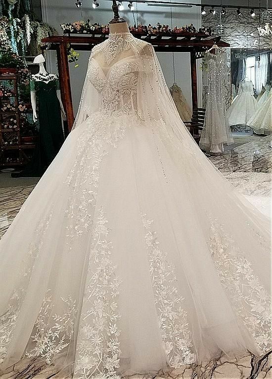 Fabulous Tulle Illusion High Collar A-line Wedding Dresses With Beadings & Lace Appliques & 3d Flowers M1050