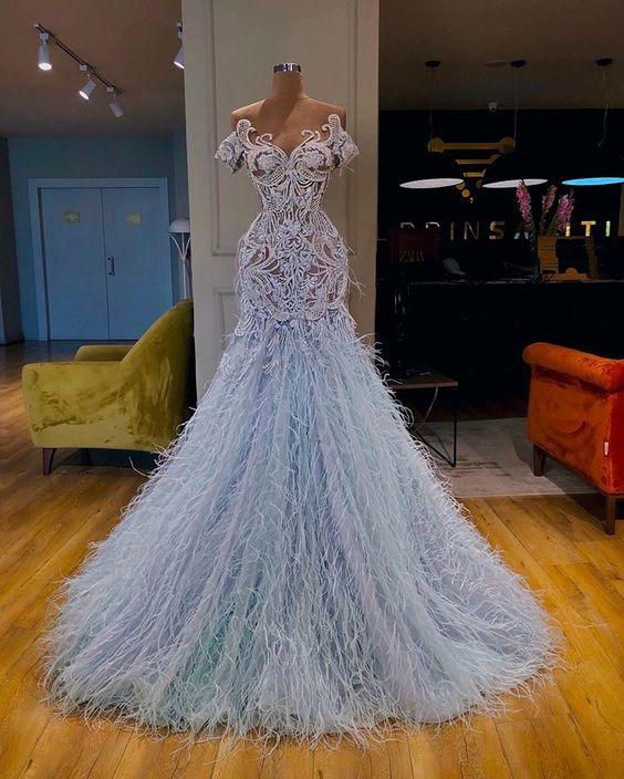 Light Blue Luxury Prom Dresses Feather Lace Applique Real Photo Vintage Prom Gown M1075
