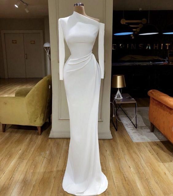 White Evening Dresses Long Sleeve Modest Simple Mermaid Elegant Formal Dresses M1086