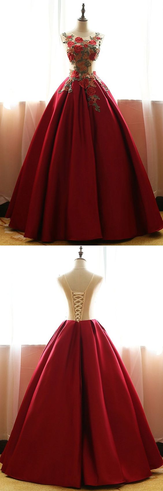 Red Quinceanera Dresses Floral Round Neck A-line Satin Applique Ball Gown M1095