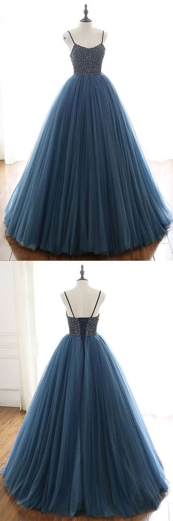 Blue Tulle Sequin Long Prom Dress, Blue Tulle Long Evening Dress M1173