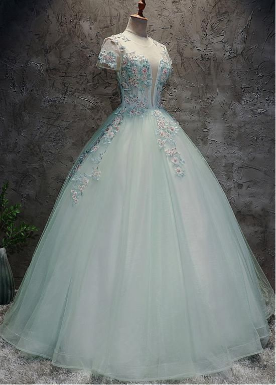 Wonderful Tulle Jewel Neckline Short Sleeves Ball Gown Prom Dress With Beaded Lace Appliques M1201
