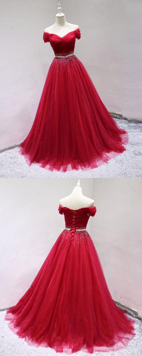 Burgundy Tulle V Neck Long Beaded Lace Up Formal Prom Dress, Evening Dress M1204