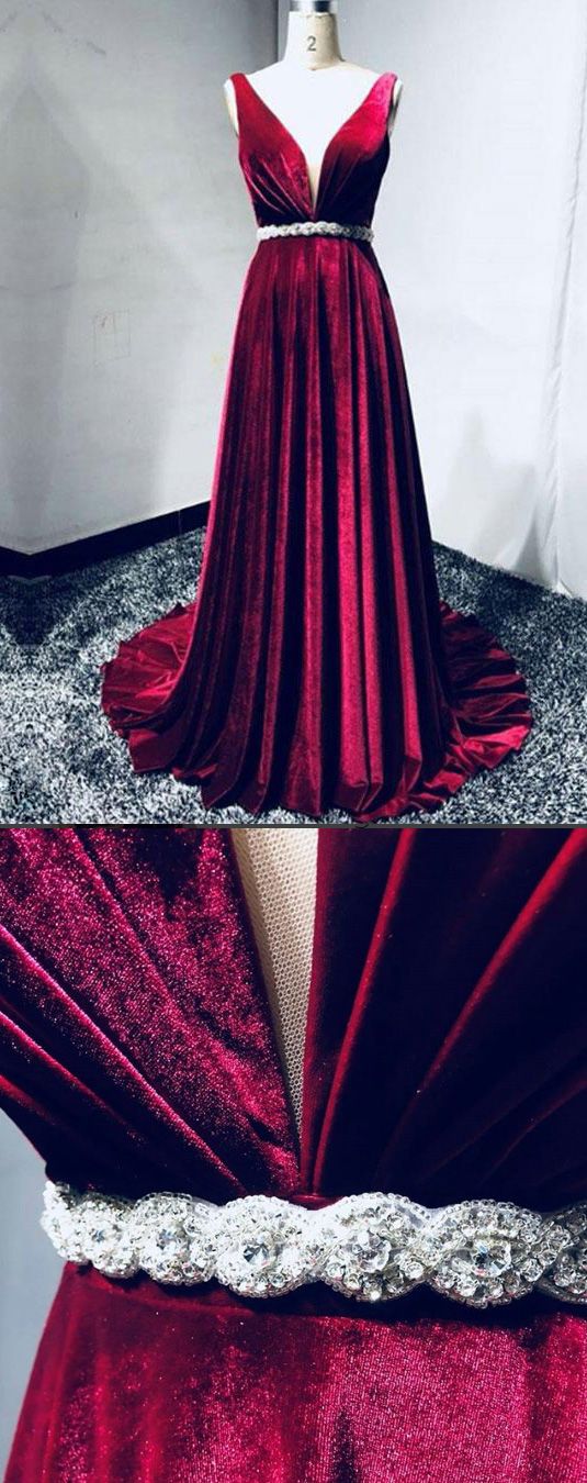 Deep V Neck Long Burgundy Velvet Prom/evening Dress M1212