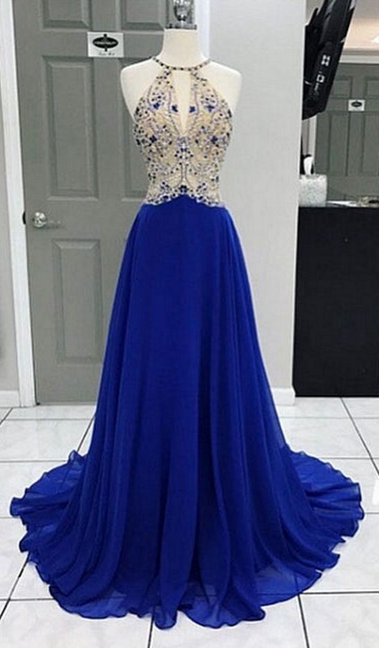 Royal Blue Evening Dresses Long Elegant Halter Chiffon Beaded Prom — free download