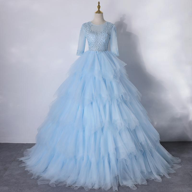 Light Blue Layers Tulle With Lace Princess Gown, Short Sleeves Ball Gown Sweet 16 Dress M1245