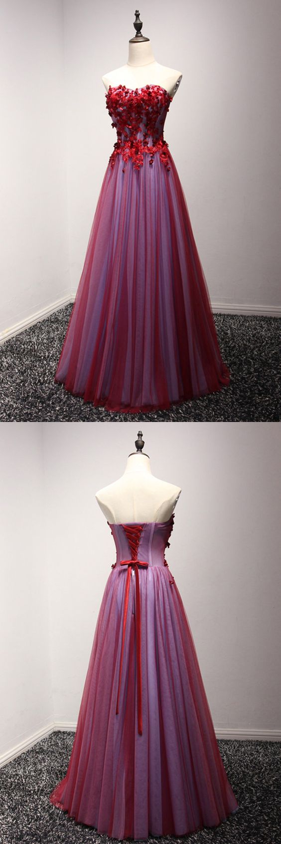 Long Red Strapless Prom Dress With Beaded Floral Lace M1286