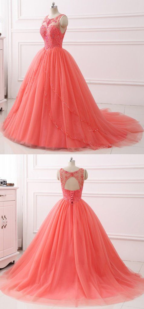 Coral Tulle Layered Long Quinceanera Dress, Beaded Formal Prom Dress M1292