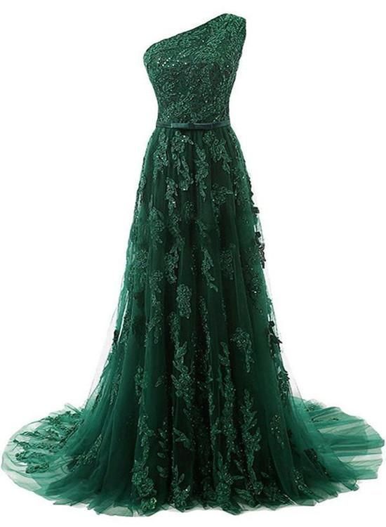 A-line One-shoulder Sweep Train Dark Green Tulle Prom Dress With Appliques Beading M1296