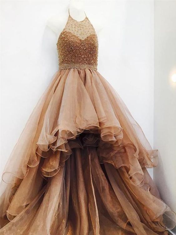 Popular High Low Brown Beaded Halter Ruffles Ball Gown Prom Dresses M1298